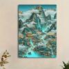 [2D Flach] 1 Stück Traditionelle Chinesische Landschaft Leinwand Wandkunst - Majestätische Berge, Wasserfälle und Pavillons, Goldener und Blauer Farbton