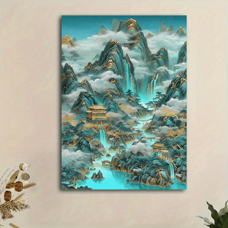 [2D Flach] 1 Stück Traditionelle Chinesische Landschaft Leinwand Wandkunst - Majestätische Berge, Wasserfälle und Pavillons, Goldener und Blauer Farbton