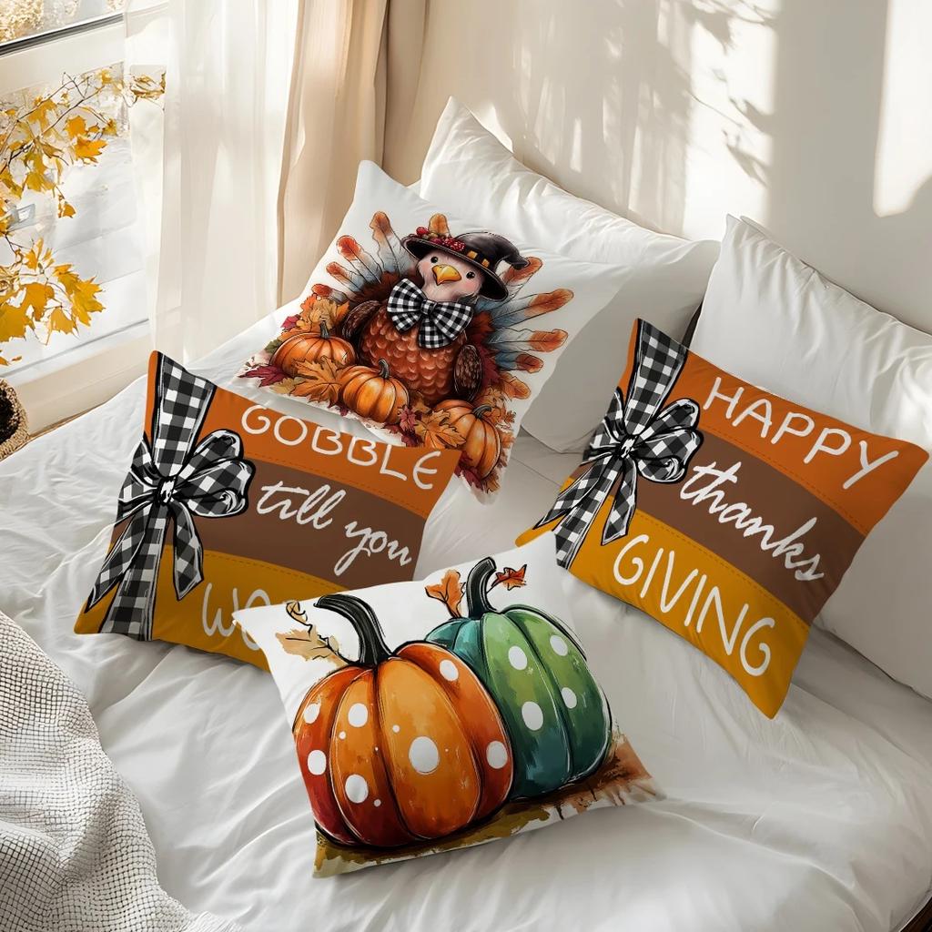 Thanksgiving Turkey Pumpkin Pillowcase Cushion 100% Polyester 45X45Cm Throw Pillow Cover Sofa Chair Bed Cushion Cover Pillowslip