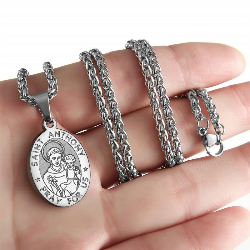 Stainless Steel Saint Anthony Medal Pendant Necklace For Men Fashion Jewelry