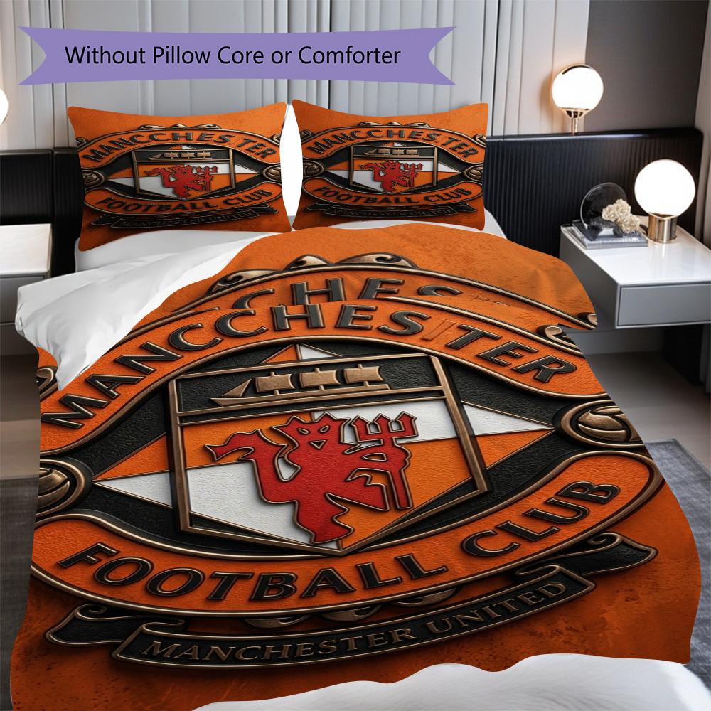Manchester emblem purple background Bedding (1 * duvet cover + 2 * pillowcase, without core) 2D Flat Soft and comfortable Christmas birthday gift