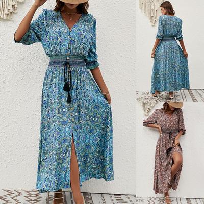 European and American Bohemian Cinch Waist Beach Vacation Dress for Women