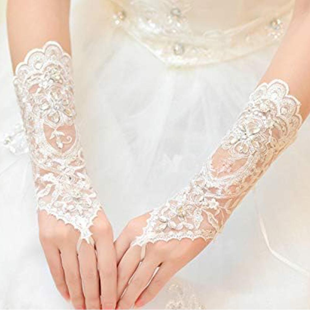 

Кружевные свадебные перчатки, свадебные перчатки со стразами без пальцев для свадебного выпускного вечера