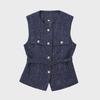 2025 Spring European & American Style Sequin-Embellished Bouclé Vest with Belt - Women's Casual Fashion Top