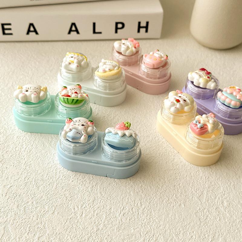 women Mini Contact Lens Box with Tweezer Suction Stick Set Cartoon Cat Contact Lens Case Travel Daily Storage for Women Girl