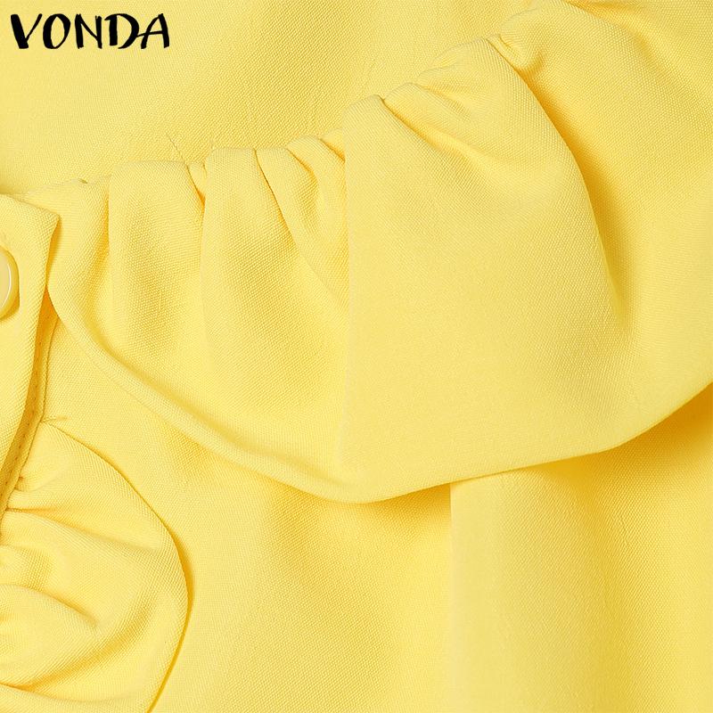 VONDA Blusa Casual de Manga Corta Abullonada con Botones Laterales y Volantes Sólida para Mujer