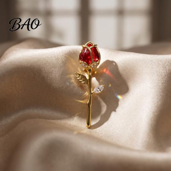 Shiny Lapel Pin Red Rose Bud Brooch Pin, Retro Rhinestone Floral Men Women Jewelry Accessories for Suit Dress Coat Scarf Luxury
