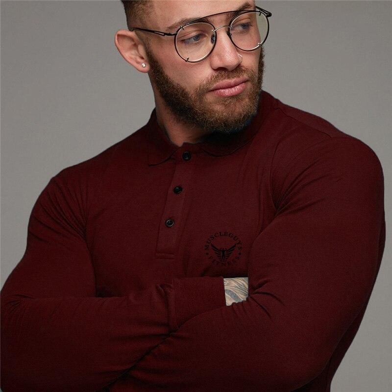 Muscleguys T-shirt da uomo primavera e autunno con colletto rovesciato, moda, traspiranti, business casual, a maniche lunghe, top da lavoro, bottoni delicati