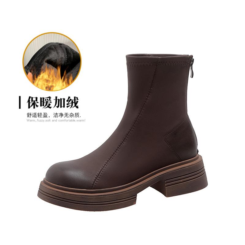 New thick-soled elastic thin boots single boots women's Martin boots leather British style retro round head brown velvet short boots