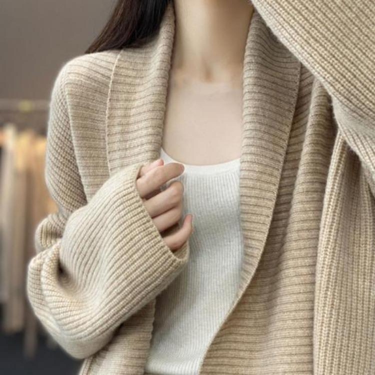Loose Fit Mid Length Open Front Cardigan Sweater Coat for Women Lapel Long Sleeve Large Pockets Solid Color Outwear