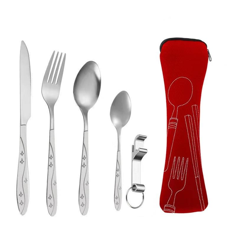 Tragbares Edelstahl-Besteckset - 5-teiliges Reisebesteck mit Messer, Gabel, Löffel und kleinem Löffel für Camping & Outdoor
