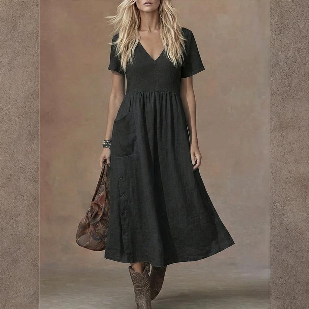 Women's V-neck Short-sleeved Mid-length Loose-fitting Dress With Pockets And Casual