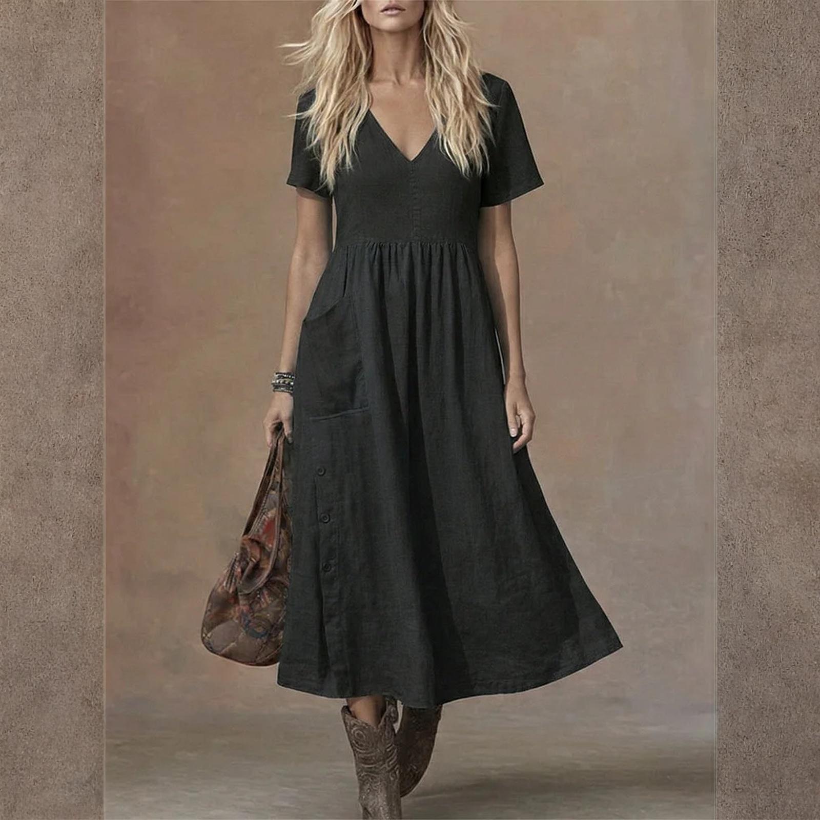 Женское платье V-образный вырез, короткий рукав, средней длины, свободного кроя, с карманами, повседневное L чёрный