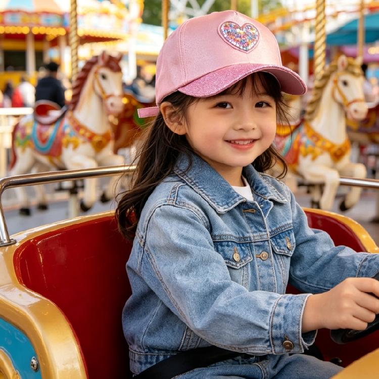 Cute Sparkles Heart Patterned Baseball Cap For Kids Soft Polyester Fabric Sun Hat With Comfortable Elastic Band