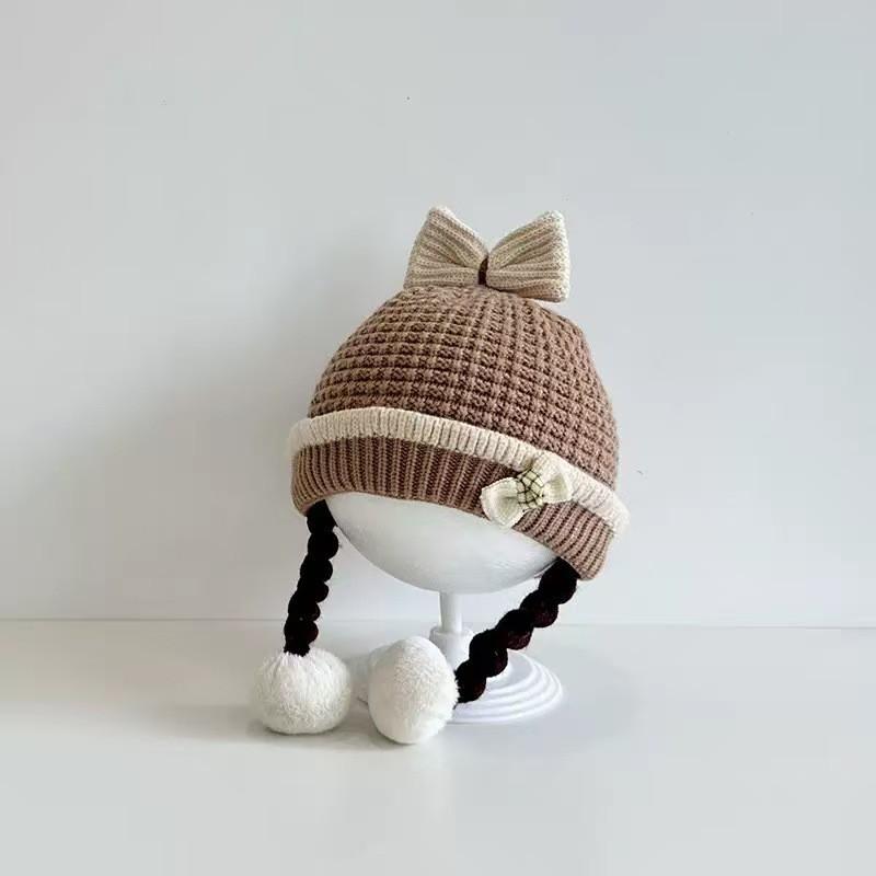 Baby Knit Hat Girls With Bow Braids Cartoon Design Soft Warm Beanie Infants 0-2 Years