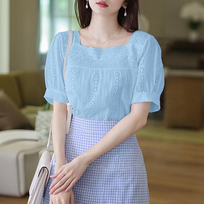 ZANZEA Women Casual Square Collar Short Sleeve Patchwork Crochet Blouse