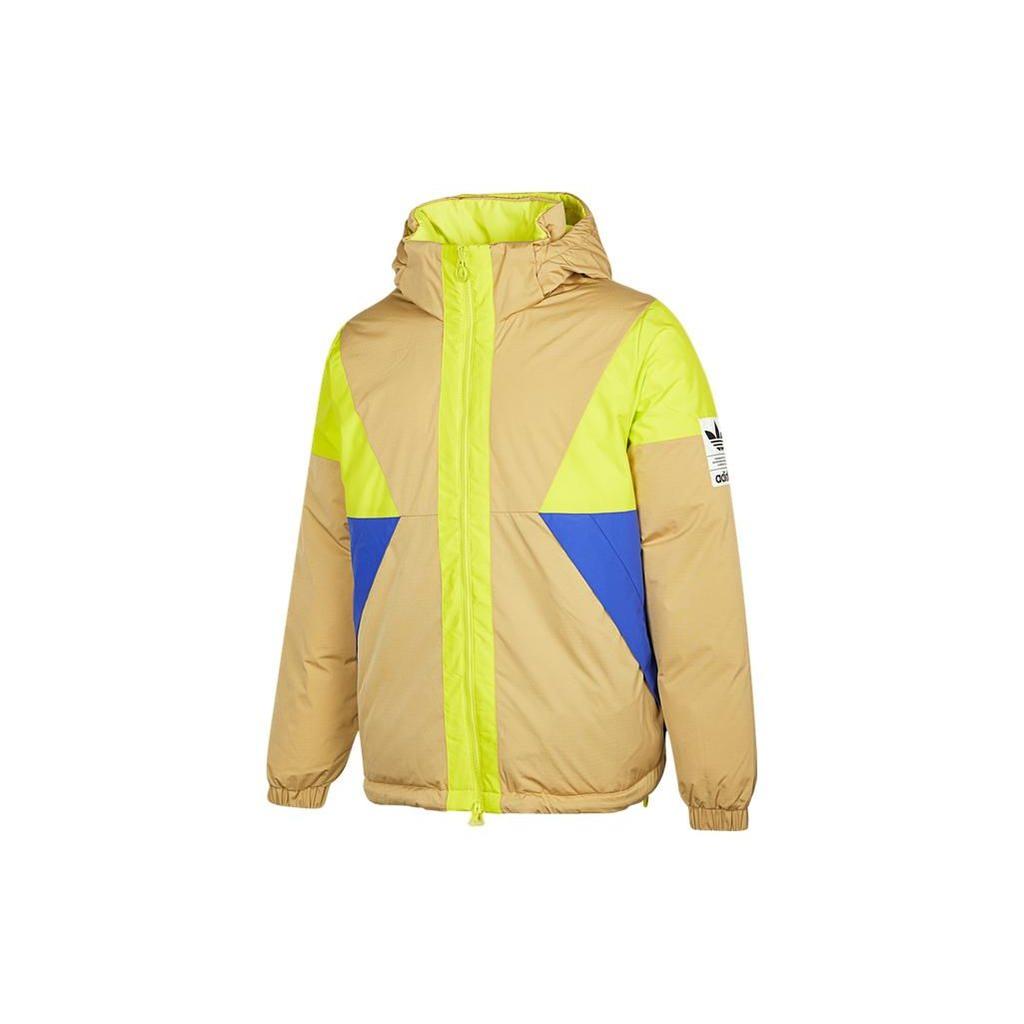 Adidas Originals Patchwork Logo Print Hooded Down Jacket Men Outerwear Beige H66016