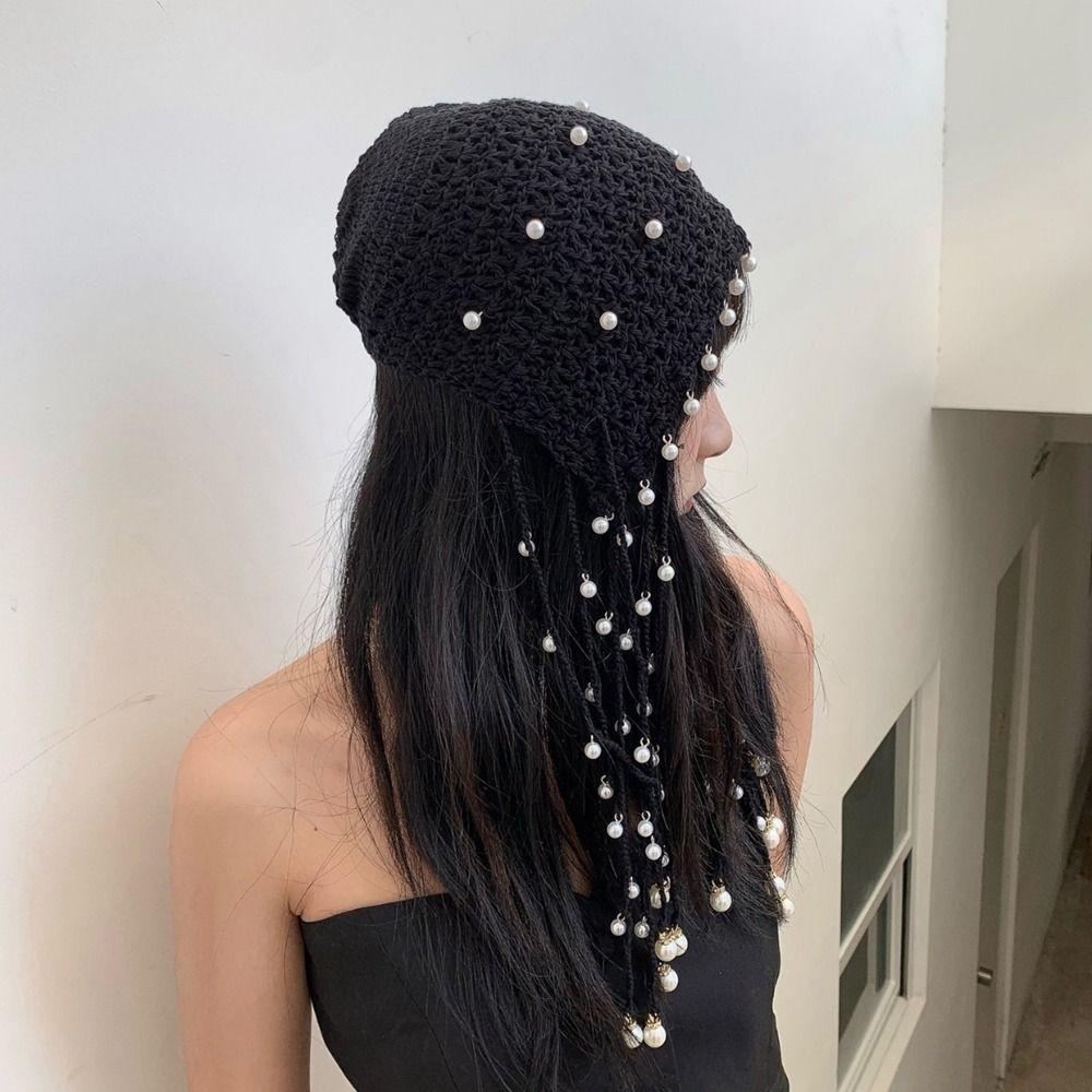 Hollow Out Hollow Pearl Tassels Knitted Hat Crochet Flower Ethnic Style Hat Cute Knit Cap Girls