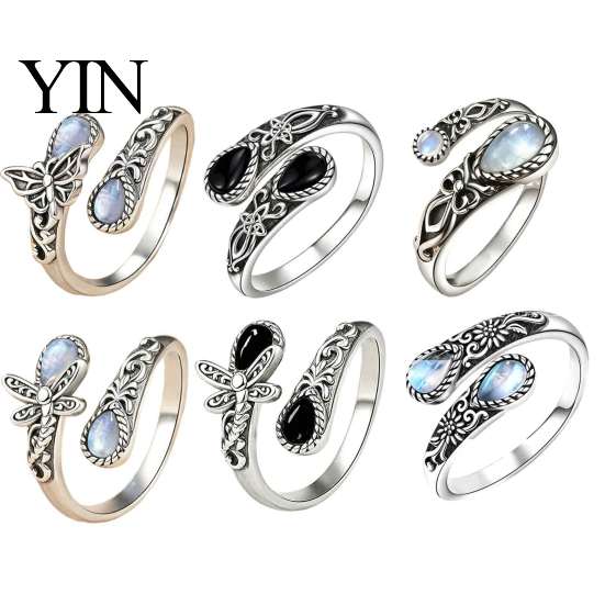 Couple Open Ring Vintage Faux Moonstone Ring, Waterdrop Fake Gemstone Adjustable Women Healing Stone Band Jewelry for Couple,
