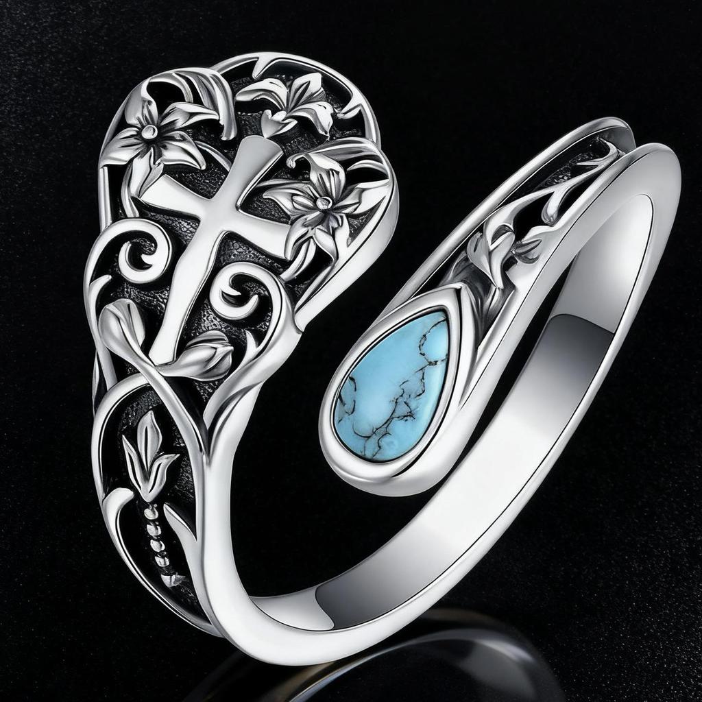 Elegant Adjustable Women's Cross Ring with Teardrop Turquoise - Versatile Hand Jewelry