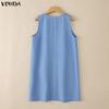 VONDA Summer Women O Neck Sleeveless Embroidery Casual Long Ruffled Tank Dress