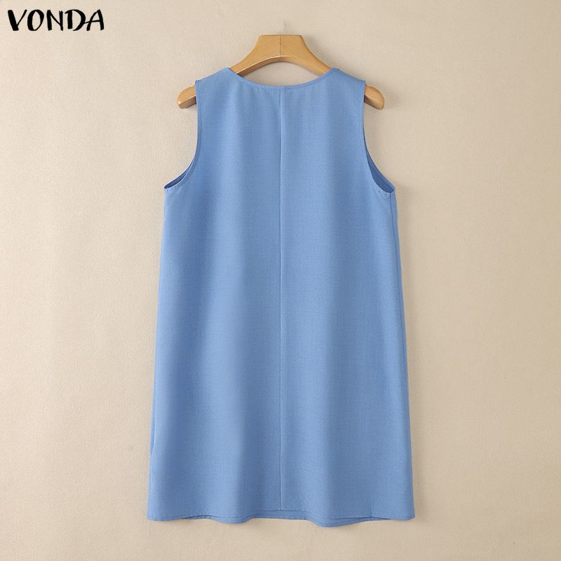 VONDA Summer Women O Neck Sleeveless Embroidery Casual Long Ruffled Tank Dress