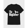 Black Short-Sleeve Round Neck T-Shirt 'The Dogfather' - Stylish White Text Design with Classic Pose Dachshund Silhouette - Perfect Casual Wear for
