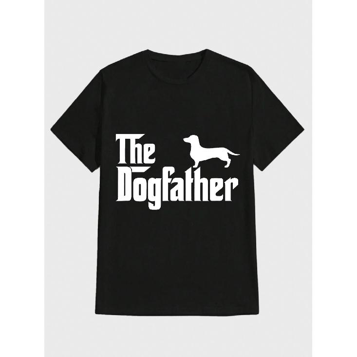 Black Short-Sleeve Round Neck T-Shirt 'The Dogfather' - Stylish White Text Design with Classic Pose Dachshund Silhouette - Perfect Casual Wear for