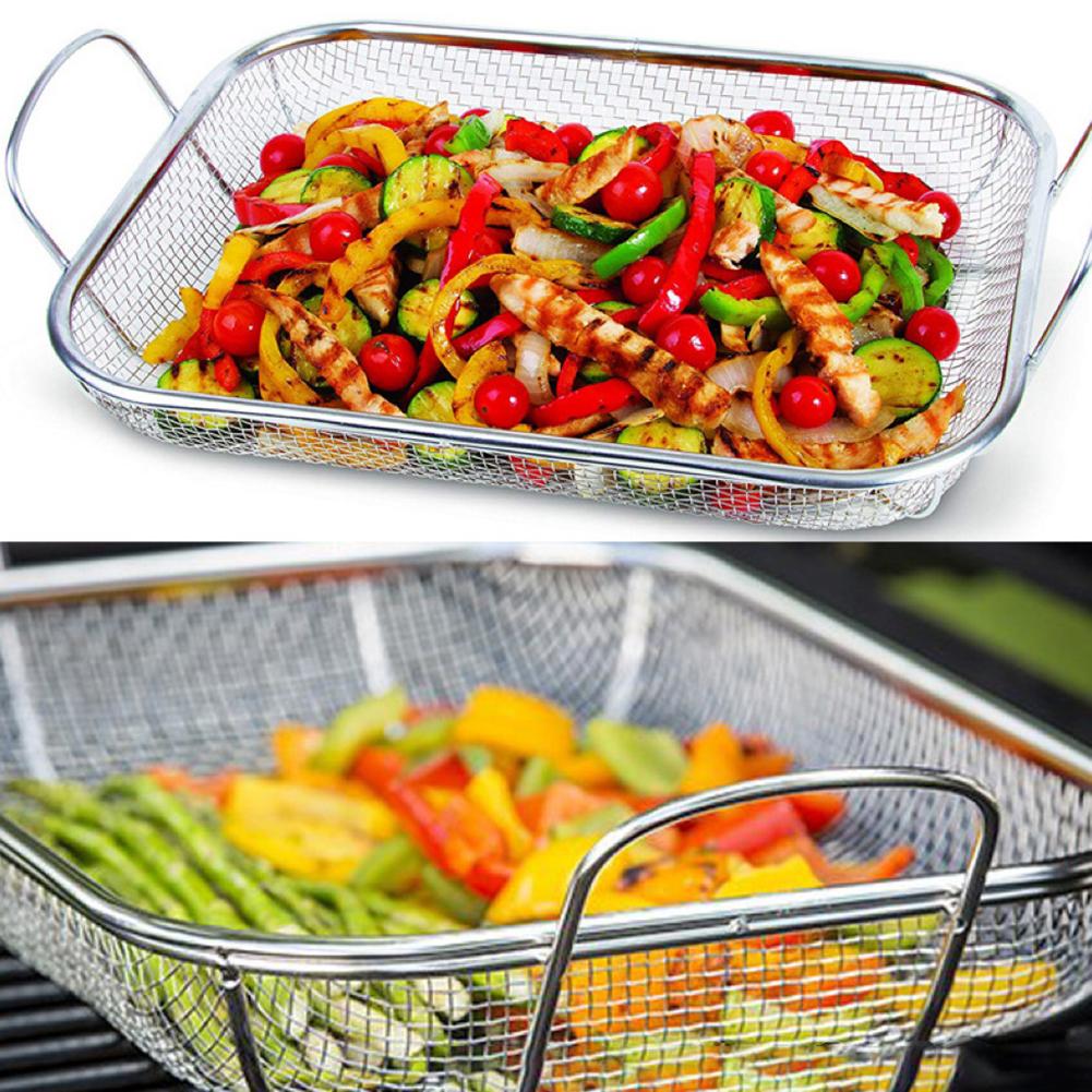 Basket For BBQ, Fruits Veggies With Handle Stainless Steel Square Multifunctional Basket 42.5*28*10.5cm For Kitchen And Barbecue