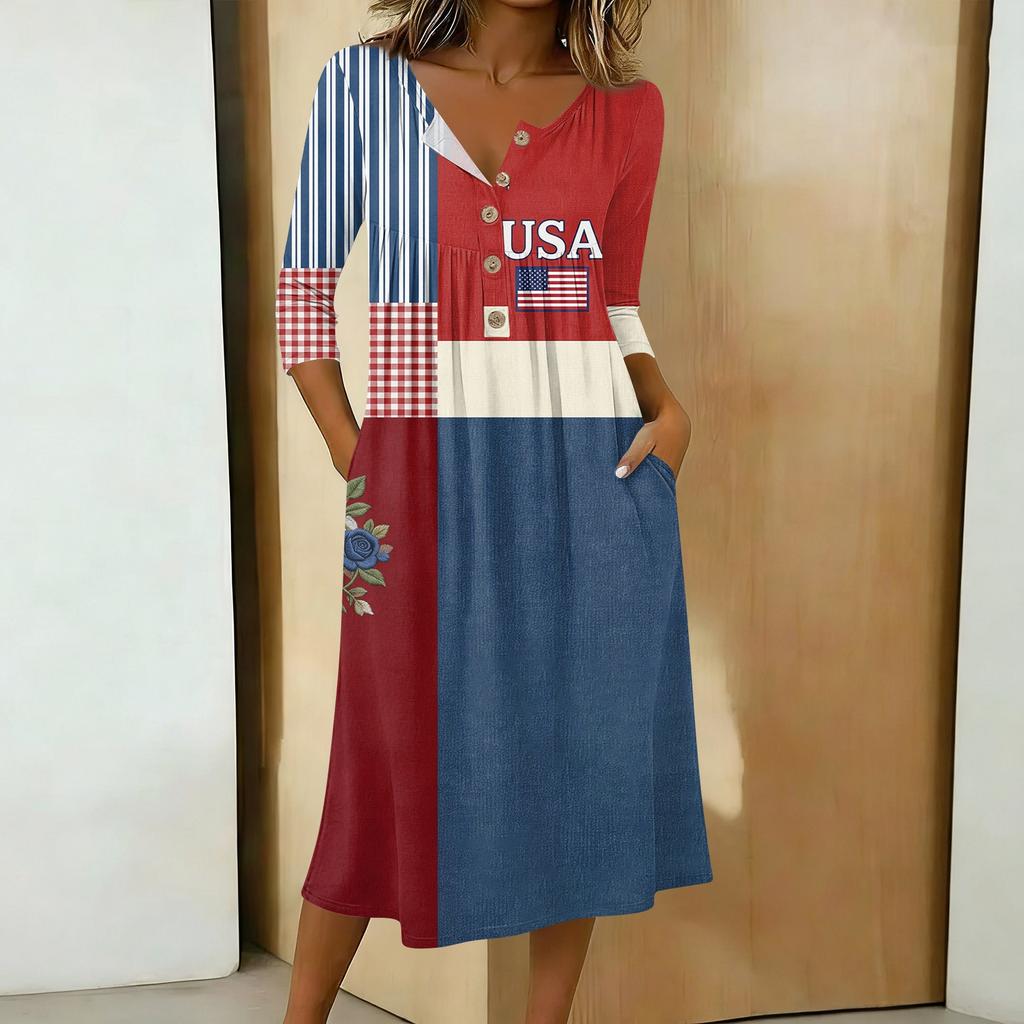 Womens V Neck Patchwork Midi Dress 3/4 Sleeve Lace 4th of July Dress Independence Day Dress Casual Loose Fit