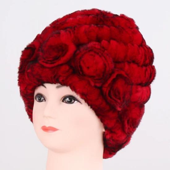 Hot Sale Winter Women Flower Striped Natural Real Fur Hats Lady Warm Knit Genuine Rex Rabbit Fur Caps Outdoor Fur Beanies Hats