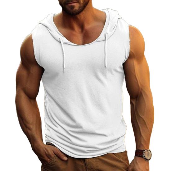 

Men s Hooded Tank Top Solid Color Sleeveless T-shirt Fitness Singlet Bodybuilding M белый