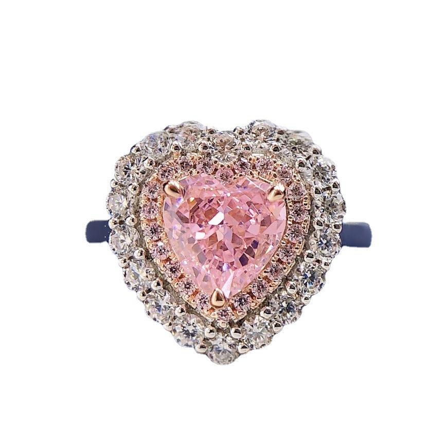 Longlongjin S925 Silber Herzförmiger Rosa Simulierter Diamanten Cluster Ring