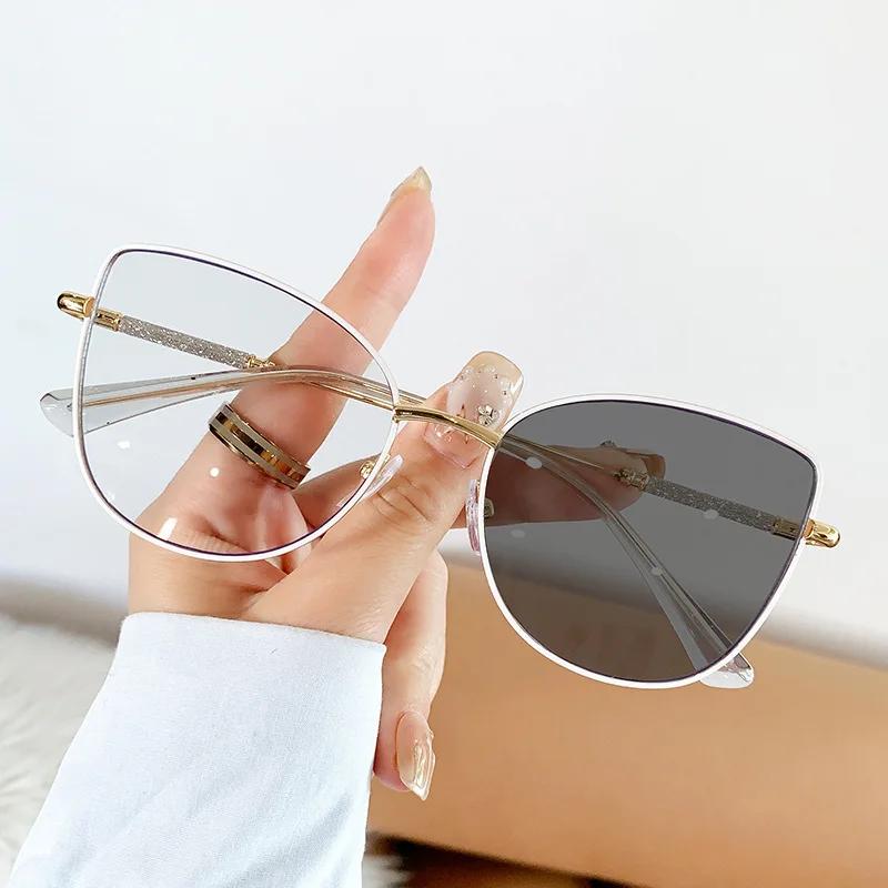 Cat Eye Metal Pochromic Glasses Glitter Anti Blue Light Glasses Retro Round Metal Frame Anti Blue Light Computer Glasses