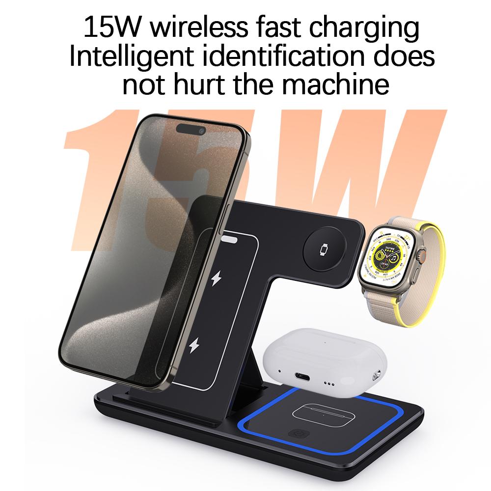 15W Fast Wireless Charger Stand 3 In 1 Foldable Charging Station For iPhone 15 14 13 12 11 Apple Watch 9 8 7 6 5 Airpods Pro