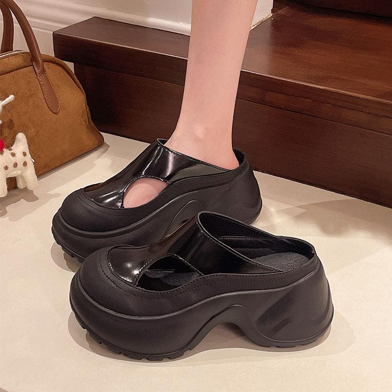 Baotou Half Slippers Women's Summer Wear 2025 New Internet Celebrity Hollow Breathable Sandals Thick Sole Height Increase Small Women's Shoes