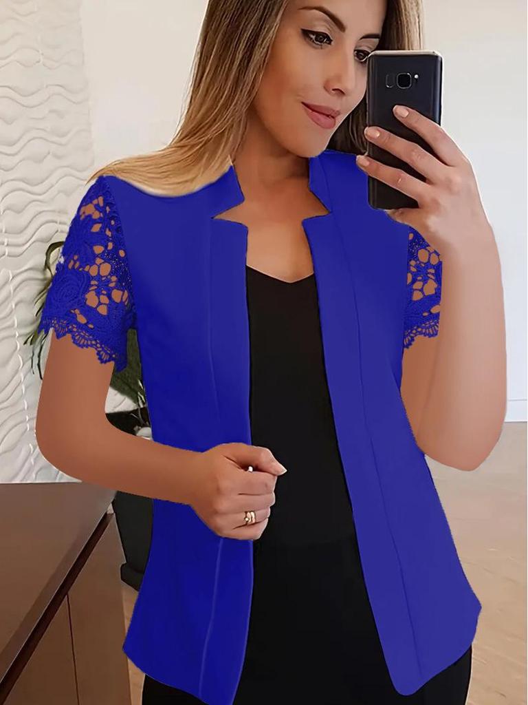 Blazer Trendy Culoare Solidă Dantelă Mânecă Scurtă 2024 – Costum Versatil Profesional și Casual