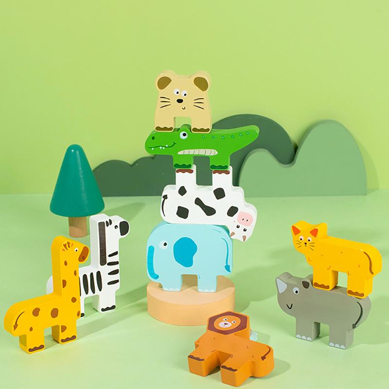Wooden Animal Stacking Block Game Shape Matching Puzzle Balance Toy Montessori Fine Motor Training Educational Toys For Children