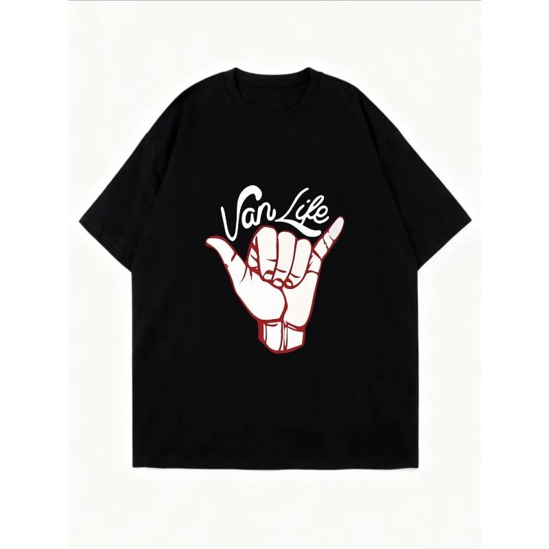 White Oversized T-Shirt With Van Life Hand Sign Print For Casual Wear And Street Style