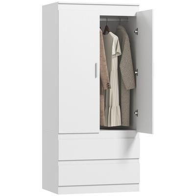 Schlafzimmer Kleiderschrank mit 2 Türen, 2 Schubladen, 3 Fächern, Holz, Weiß