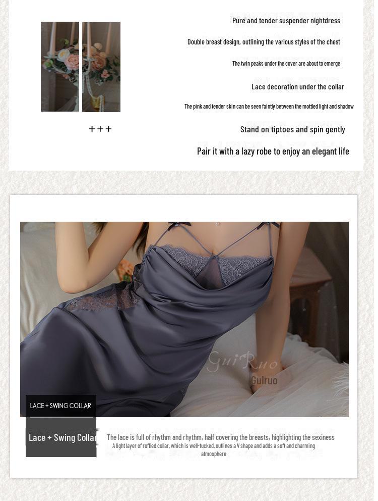 DZ Rose Satin Lace See-Through Deep V Suspender Skirt with Outer Robe Home Set