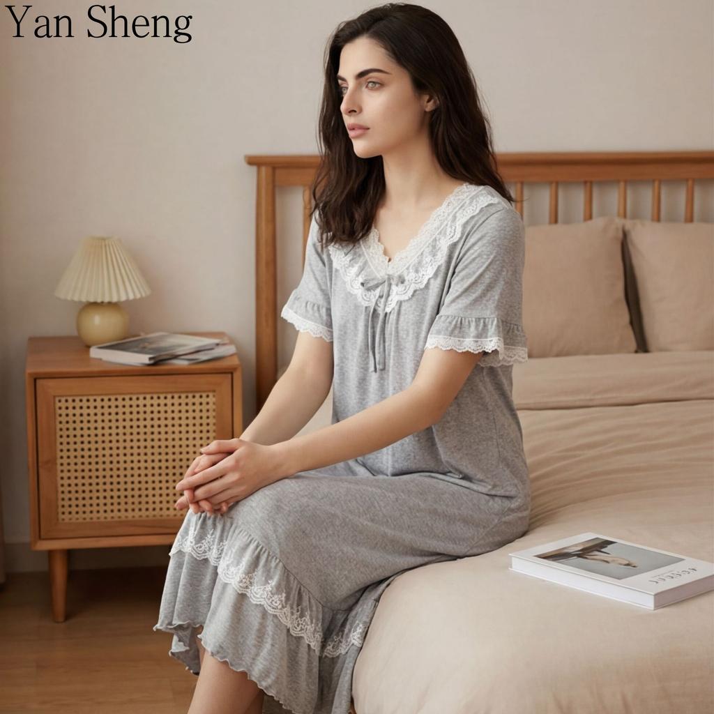 Women Nightgown Knit Sweet Short Sleeve Sleep Dress Wavy Cuff Hem Loose Midi Loungewear For Home Sleepwear