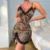Satin Leopard Print Cami Nightgown Black Lace Deep V High Slit Sexy Slim Fit Loungewear 707 Bold Seductive Sleepwear with Wild Print Charm