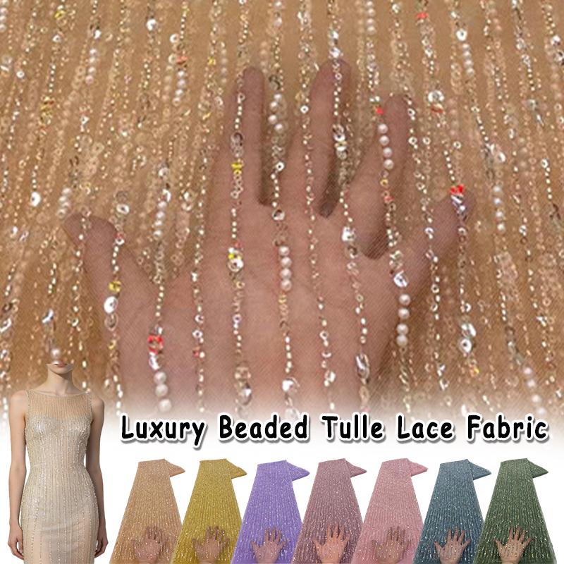 1 Yards African Luxury Beaded Tulle Lace Fabric Nigerian Handmade Heavy Sequin Lace Fabric For Diy Wedding Party Dresses