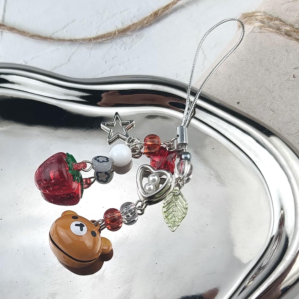 Cute Bell Bear Pendant Matching Phone Charms Keychains Handmade Rilakkuma Strawberry Beaded Accessories Jewelry Couple Gifts