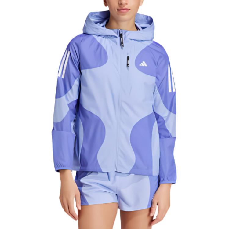 adidas Laufen Own The Run Base Wind.Rdy Bequeme Sportliche Minimalistische Kapuzenjacke Damen Jacke Blau IW0034