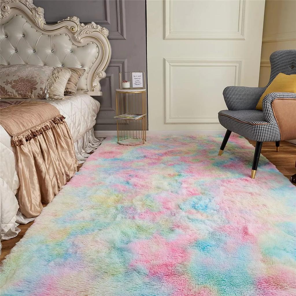 Tie-Dye Plush Carpet 1.3x2FT Living Room Soft Girls Bedroom Bed Blanket Children's Room Decorative Non-Slip Floor Mat
