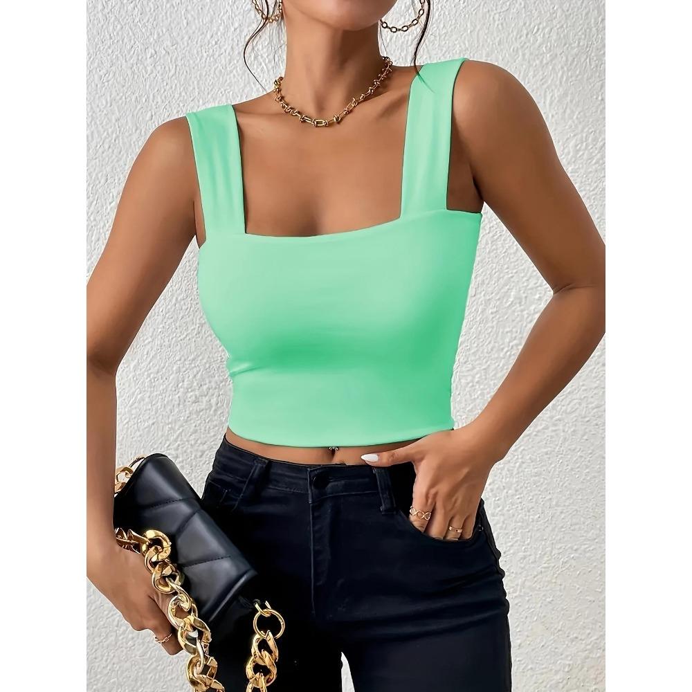 Čtvercový výstřih Tílko Široká ramínka Crop Tops Ženy Léto Košilka Jednobarevná Košilka Módní tubus Dámská zkrácená vesta bez rukávů Y2K Oblečení