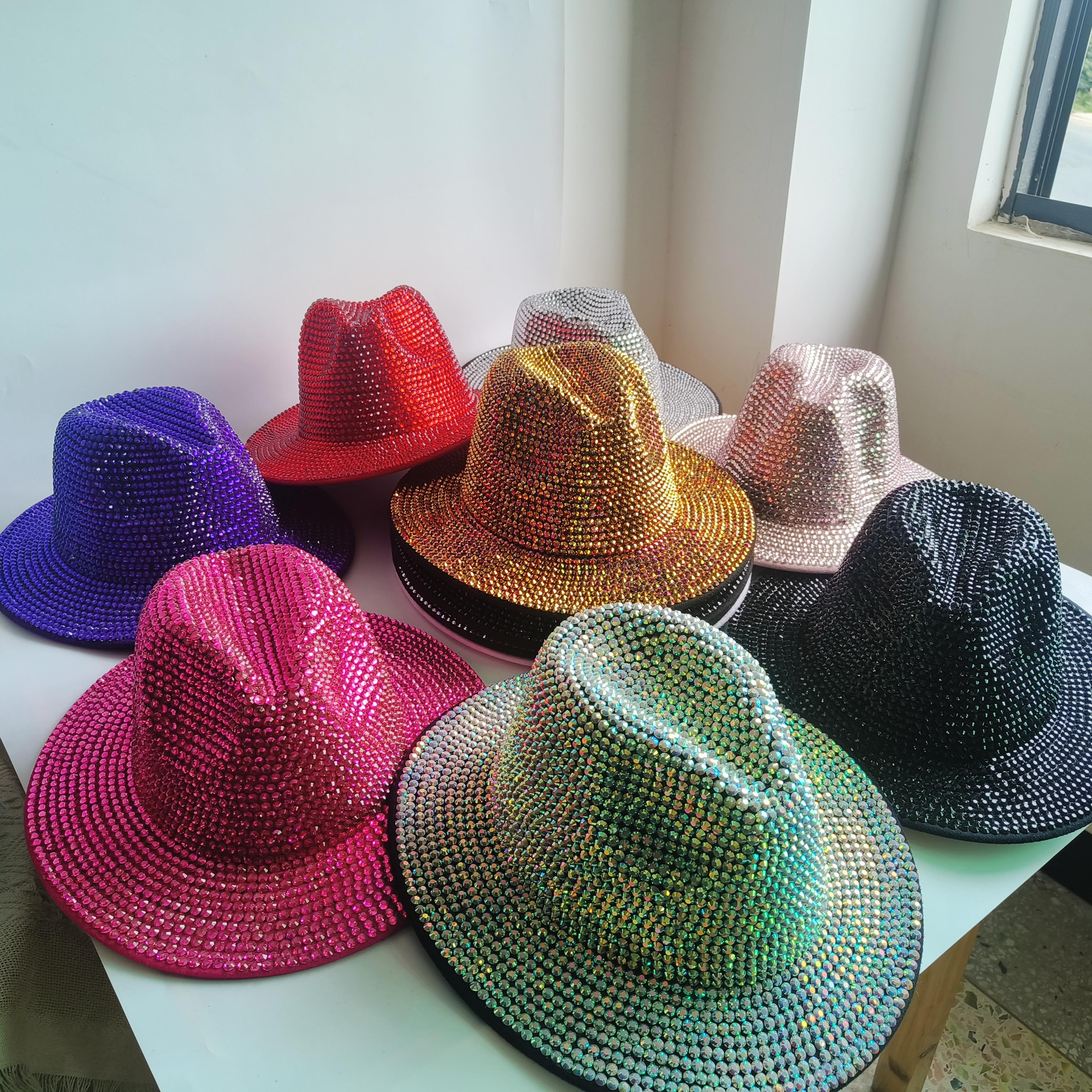 My Extreme Outdoor Activities Women's White Fashion Party Hat Colorful Diamond Fedora Hat For Autumn And Winter Jazz Top Hat Handmade Performance Hat 56-58Cm