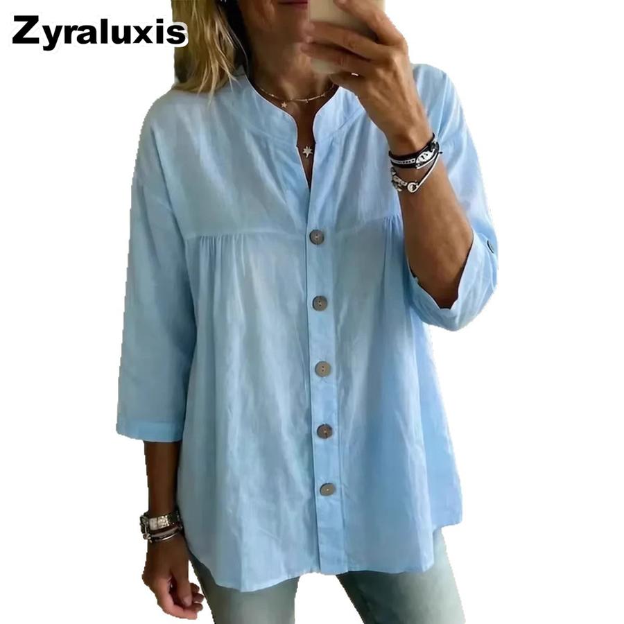 New Spring/Summer Cotton Linen Shirt for Women, Fashion Casual Retro Vintage Art Style Pure Color Short Sleeve Top